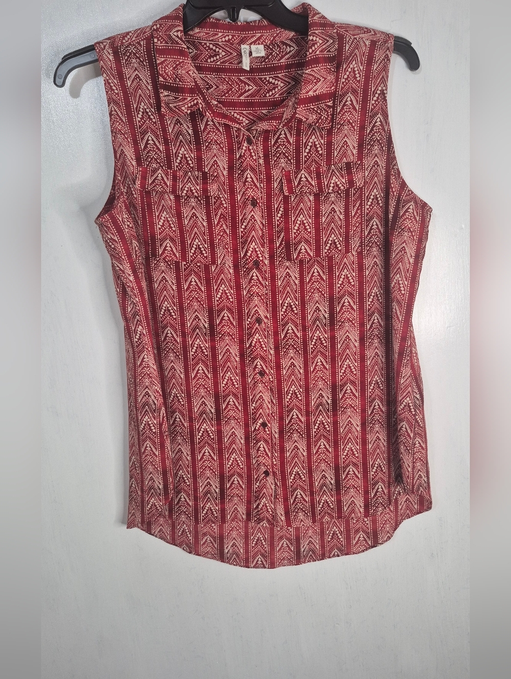 Sleeveless Red Aztec-Print Button Front Top